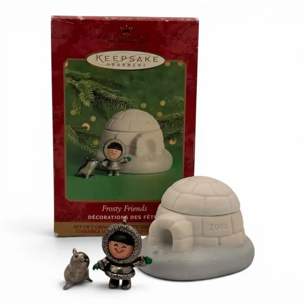Hallmark Keepsake Ornament Frosty Friends Pewter and Porcelain Igloo Set 2000